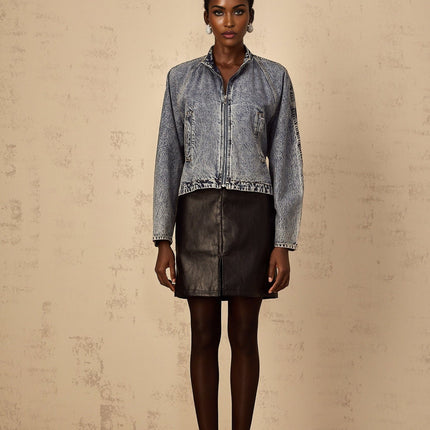 Karina Denim Jacket Blue Front Zip Stand-Up Collar Contrast Stitching Whiskering Effect Side Welt Pockets