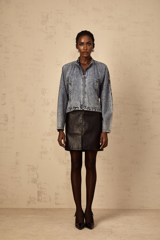 Karina Denim Jacket Blue Front Zip Stand-Up Collar Contrast Stitching Whiskering Effect Side Welt Pockets