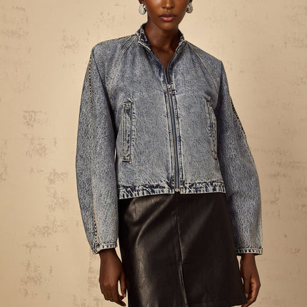 Karina Denim Jacket Blue Stand-Up Collar Zip Fastening Whiskering Effect Contrast Stitching Side Welt Pockets