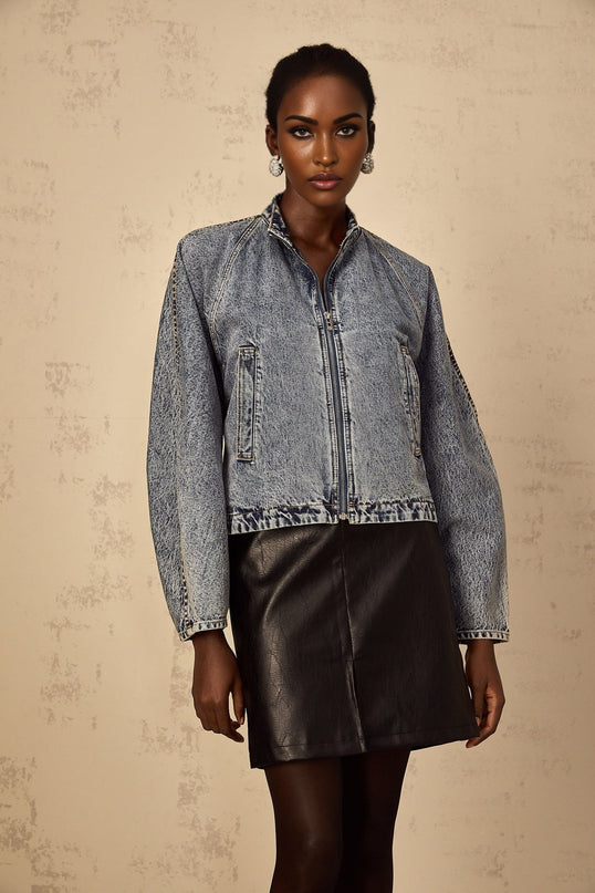 Karina Denim Jacket Blue Stand-Up Collar Zip Fastening Whiskering Effect Contrast Stitching Side Welt Pockets