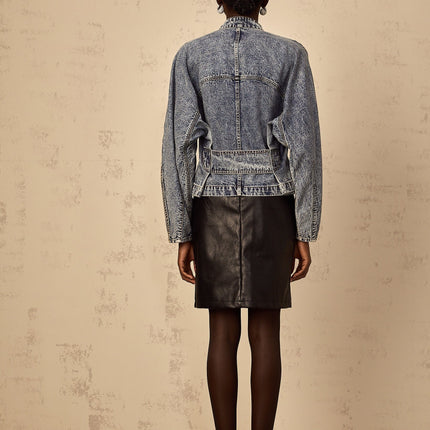 Karina Denim Jacket Blue Stand-Up Collar Long Sleeves Zip Fastening Whiskering Effect Contrast Stitching Side Welt Pockets Fashion Functionality