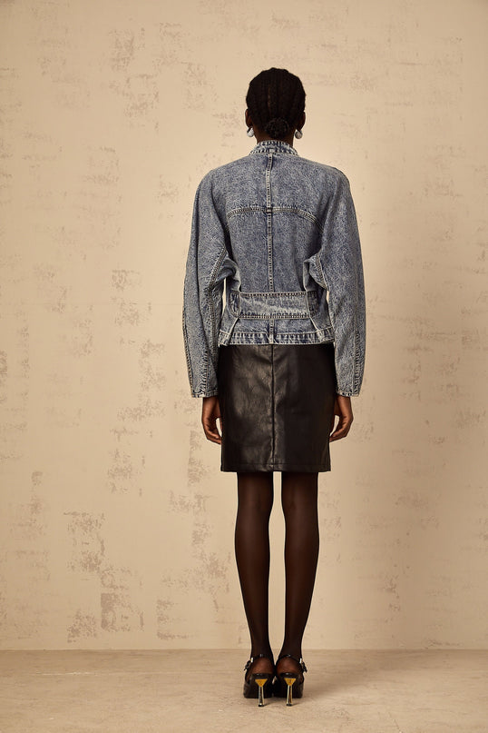 Karina Denim Jacket Blue Stand-Up Collar Long Sleeves Zip Fastening Whiskering Effect Contrast Stitching Side Welt Pockets Fashion Functionality