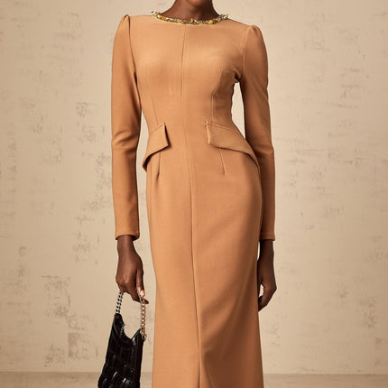 Karina Khaki Sequin Embellished Midi Dress with Round Neck and Long Sleeves