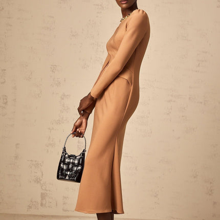 Karina Khaki Sequin Embellished Midi Dress with Round Neck and Long Sleeves