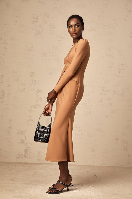 Karina Khaki Sequin Embellished Midi Dress with Round Neck and Long Sleeves