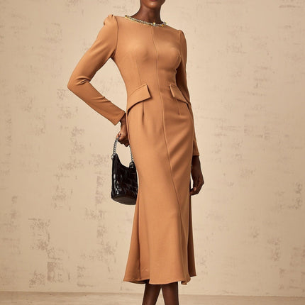 Karina Khaki Sequin Embellished Midi Dress Round Neck Long Sleeves Cinched Waist Faux Pocket Detailing Rear Zip Fastening Calf-Length 95% Terylene 5% Spandex