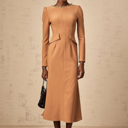 Karina Khaki Sequin Embellished Midi Dress with Round Neck and Long Sleeves