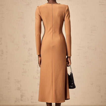 Karina Khaki Sequin Embellished Midi Dress with Round Neck and Long Sleeves