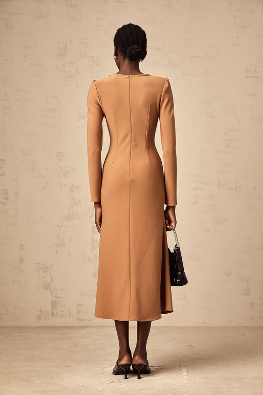 Karina Khaki Sequin Embellished Midi Dress with Round Neck and Long Sleeves