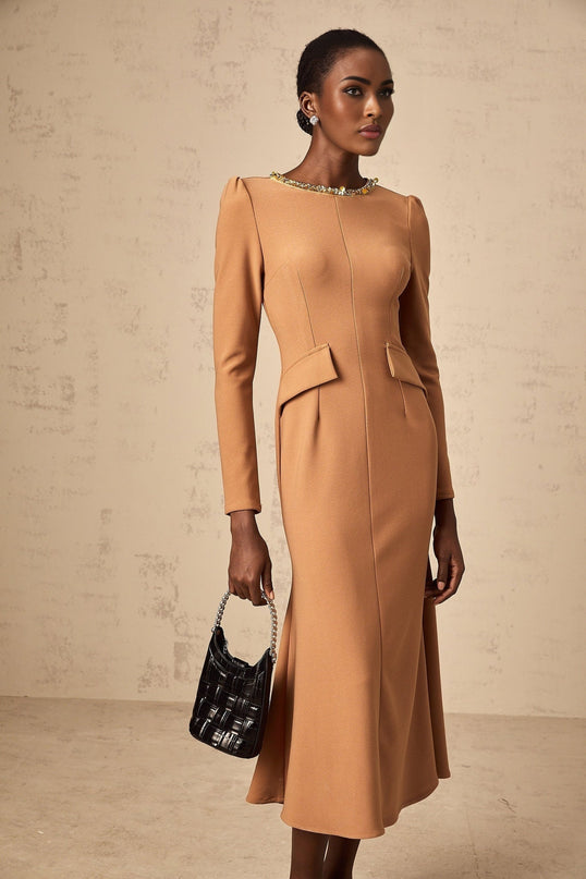 Karina Khaki Sequin Embellished Midi Dress Round Neck Long Sleeves Cinched Waist Faux Pocket Detailing Rear Zip Fastening Calf-Length 95% Terylene 5% Spandex