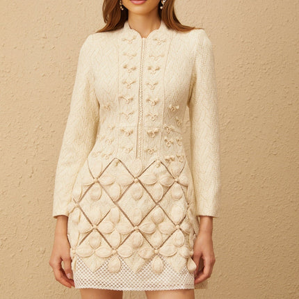 Karina White Floral Crochet Knit Cinched Waist ALine Dress