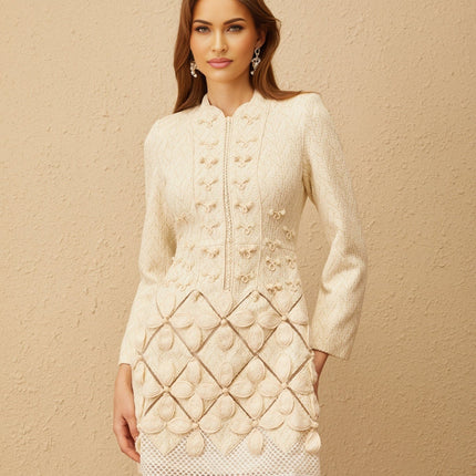 Karina White Floral Crochet Knit Cinched Waist ALine Dress