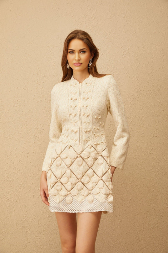 Karina White Floral Crochet Knit Cinched Waist ALine Dress