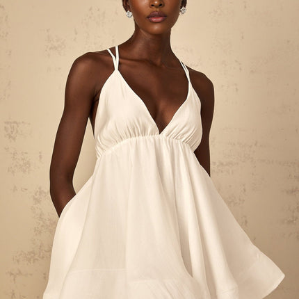 Karina White Mini Dress Tencel Cotton V-neck Sleeveless Flounce Hem Self-tie Cross-over Straps Thigh-length