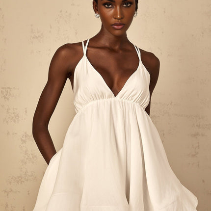 Karina White Mini Dress Sleeveless V-Neck Shirred Flounce Hem Self-Tie Cross-Over Straps Thigh-Length