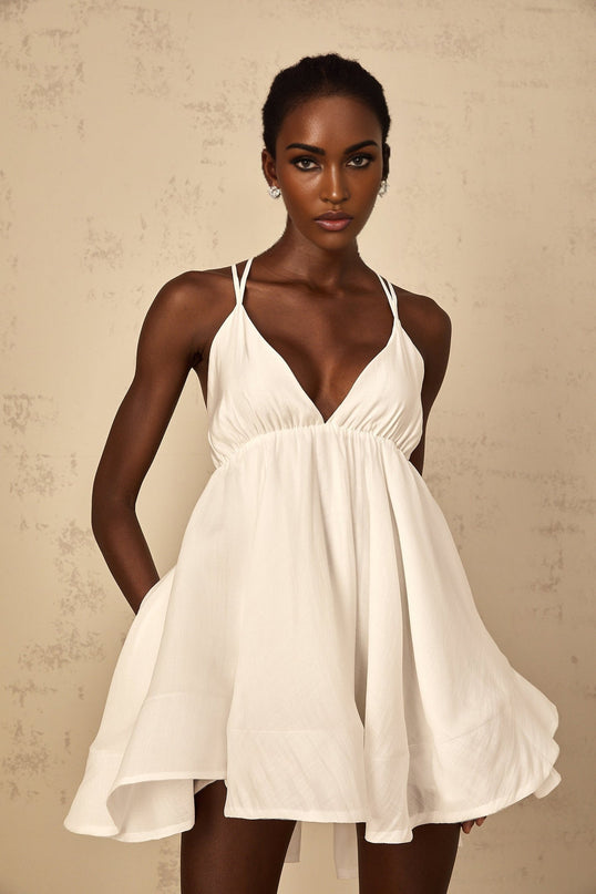 Karina White Mini Dress Sleeveless V-Neck Shirred Flounce Hem Self-Tie Cross-Over Straps Thigh-Length
