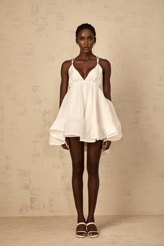 Karina White Mini Dress V-neck shirred flounce hem self-tie cross-over straps thigh-length Tencel Cotton blend