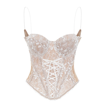 Karine floral lace panelling bustier top in Neutrals