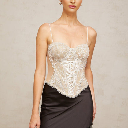 Karine floral lace panelling bustier top in Neutrals