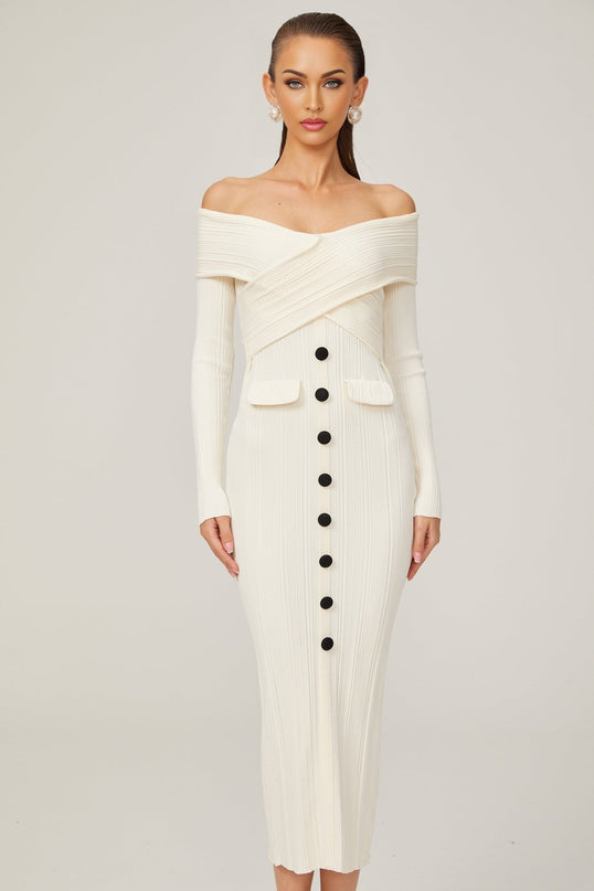 Karine white offshoulder ribknit midi dress