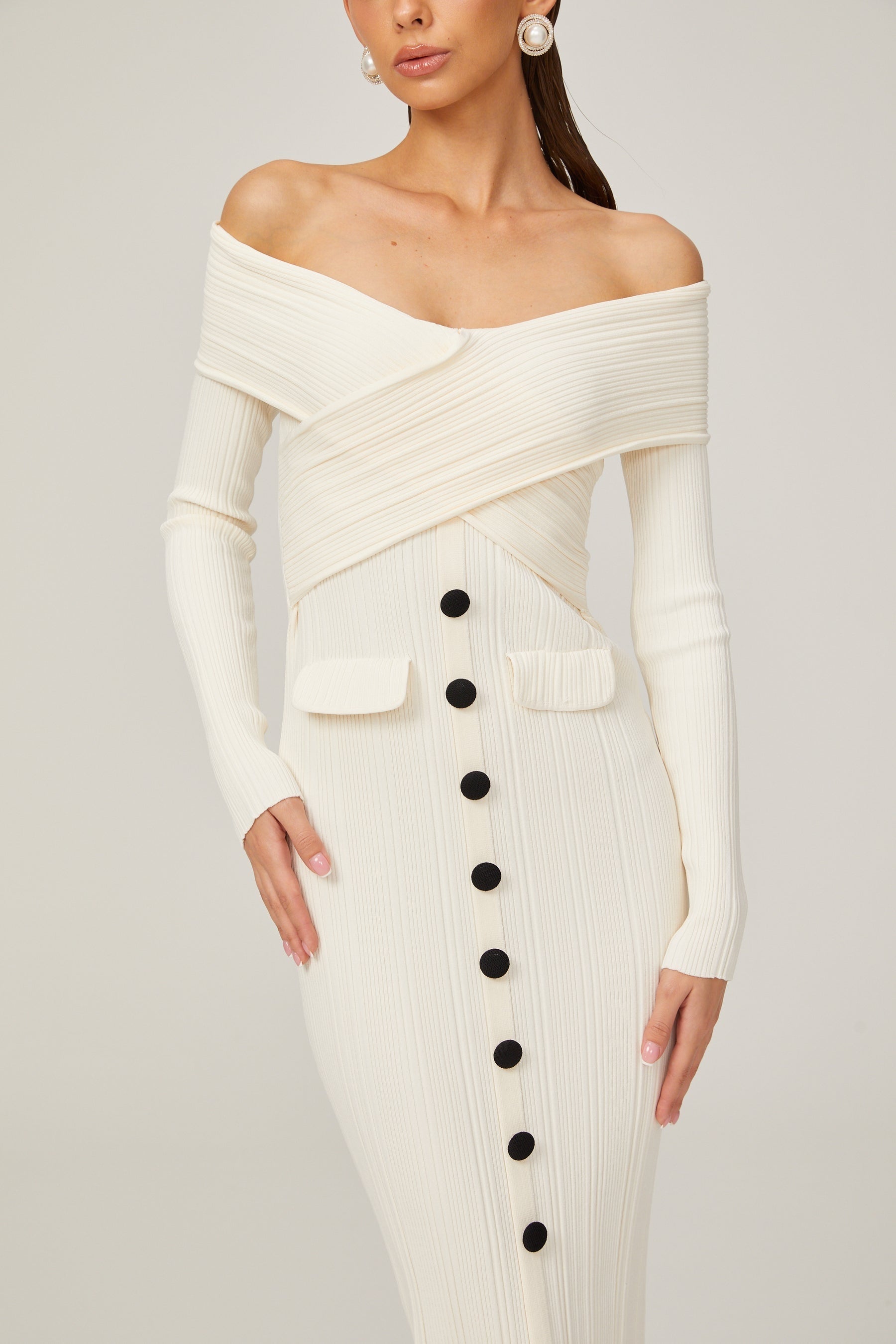 Karine white offshoulder ribknit midi dress