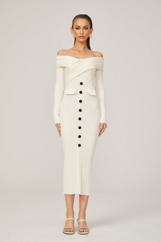 Karine white offshoulder ribknit midi dress