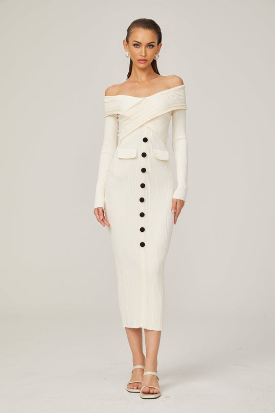 Karine white offshoulder ribknit midi dress