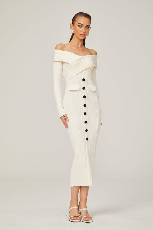 Karine white offshoulder ribknit midi dress