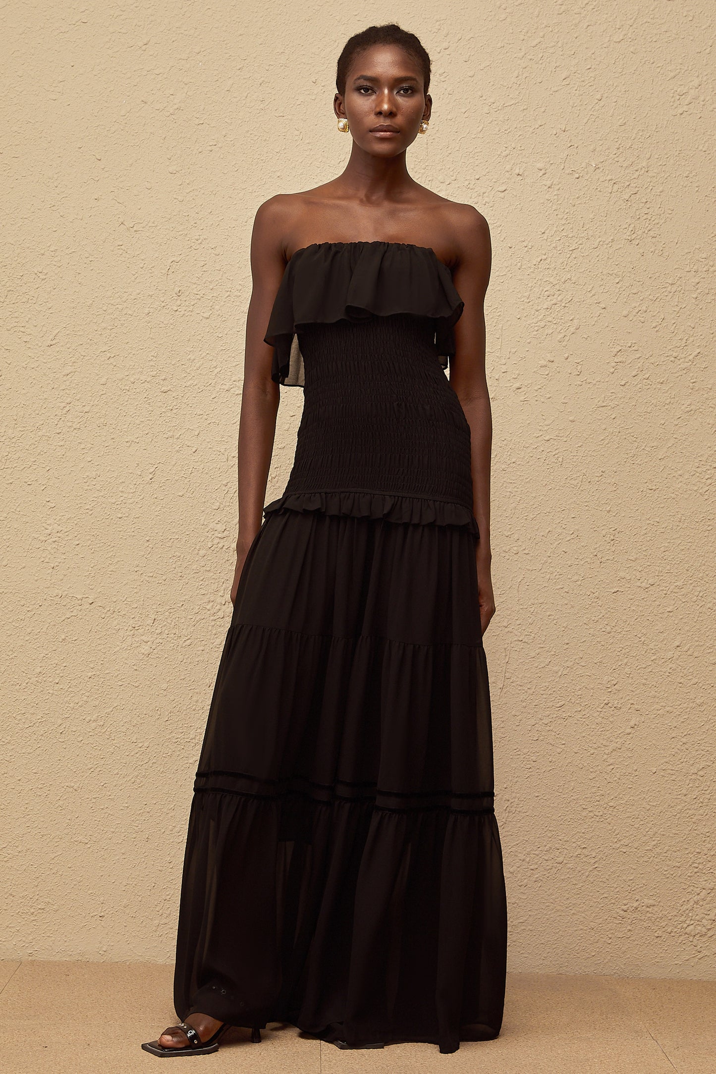 Karoliina Black OffShoulder Smocked Panel Maxi Dress