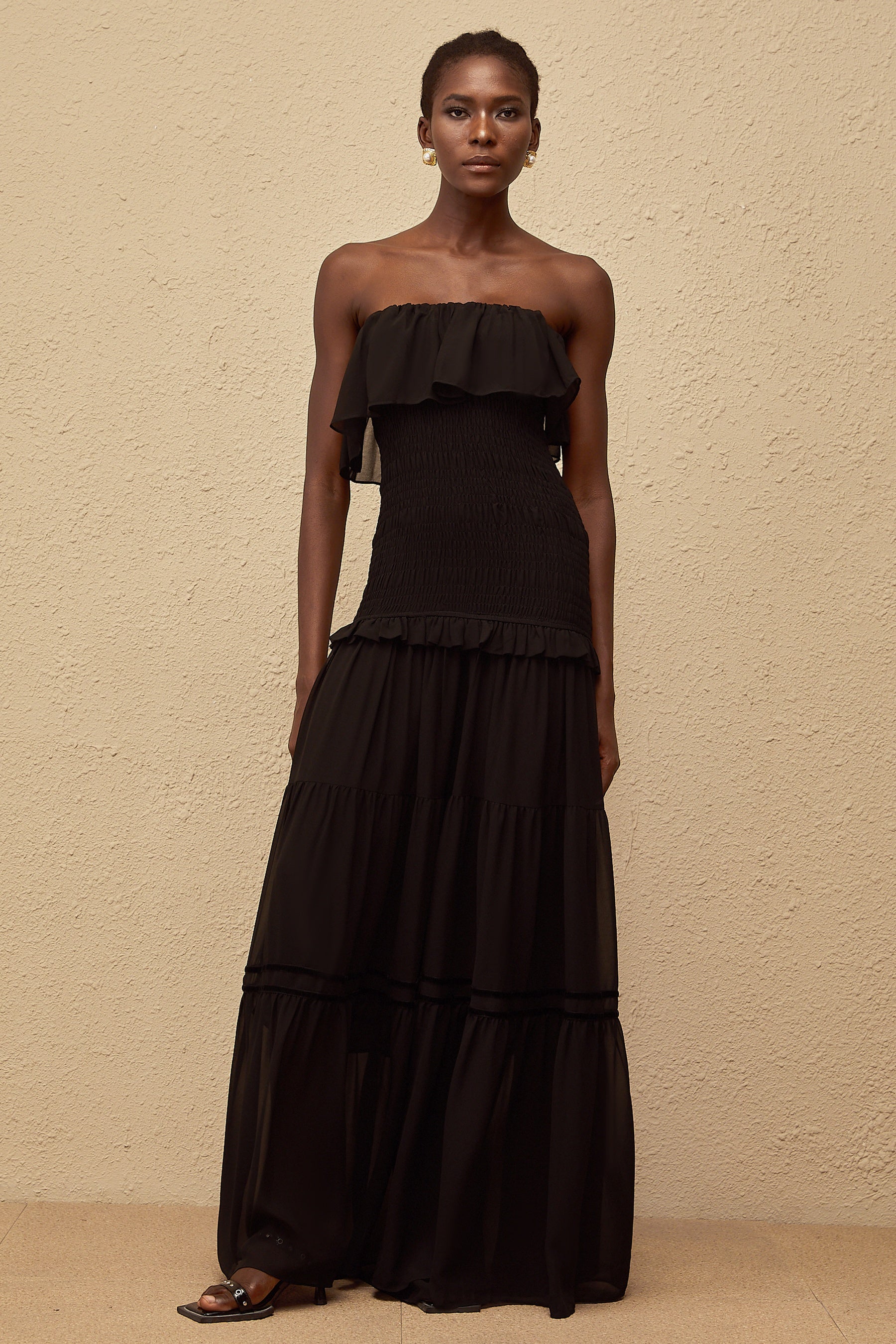 Karoliina Black OffShoulder Smocked Panel Maxi Dress