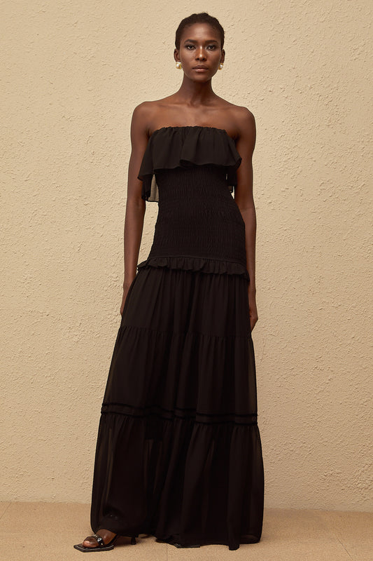 Karoliina Black OffShoulder Smocked Panel Maxi Dress