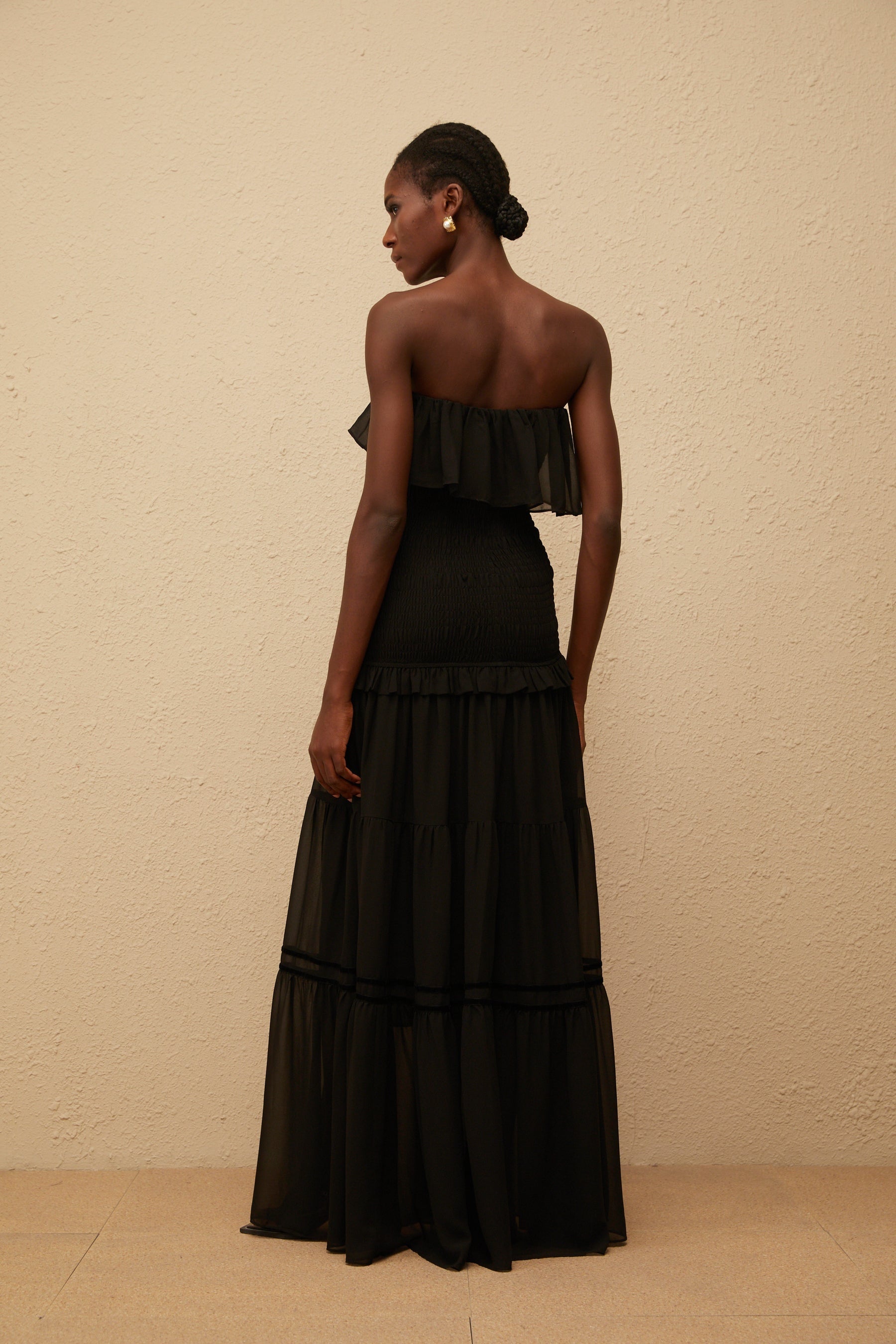 Karoliina Black OffShoulder Smocked Panel Maxi Dress