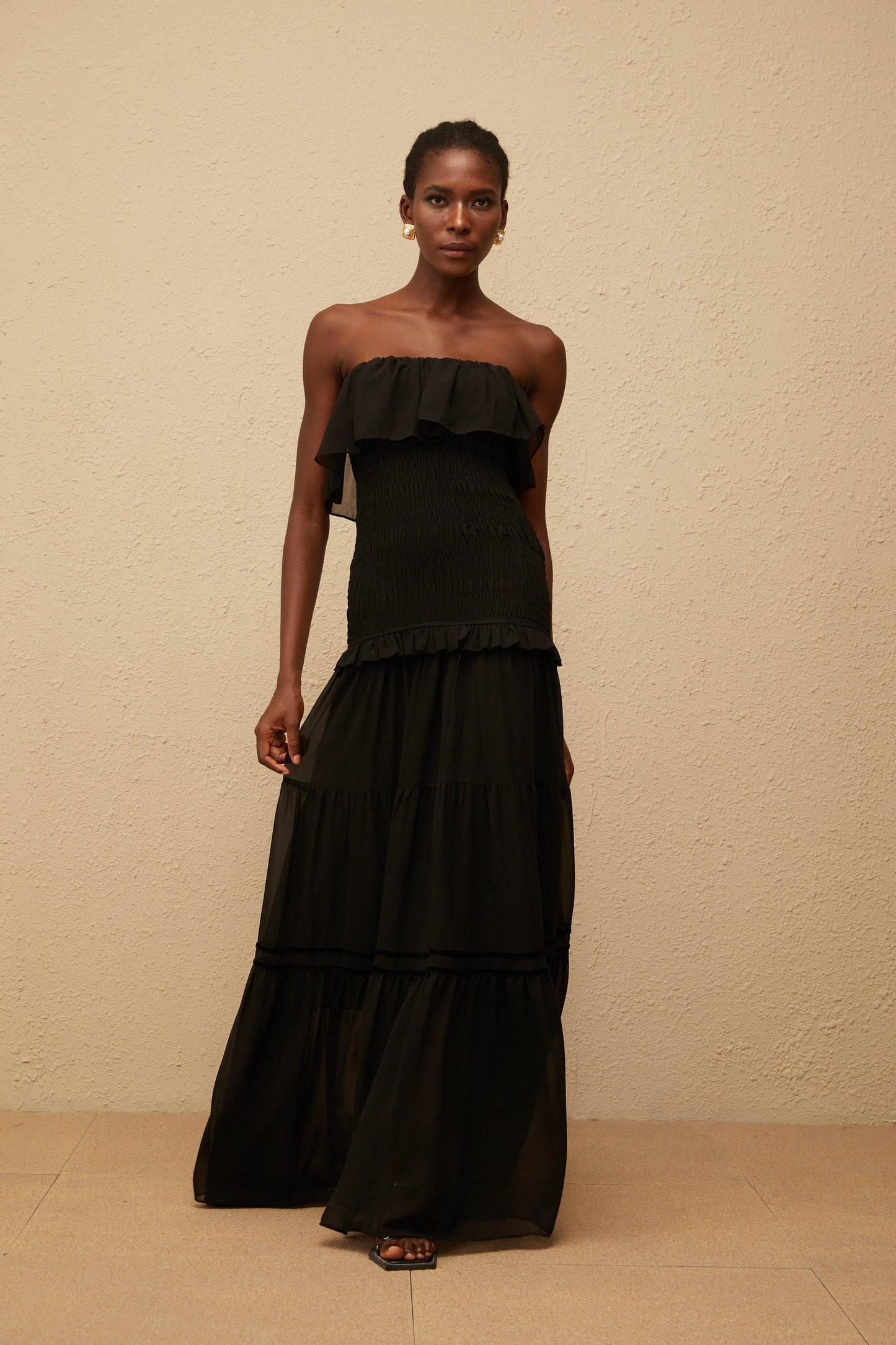 Karoliina Black OffShoulder Smocked Panel Maxi Dress
