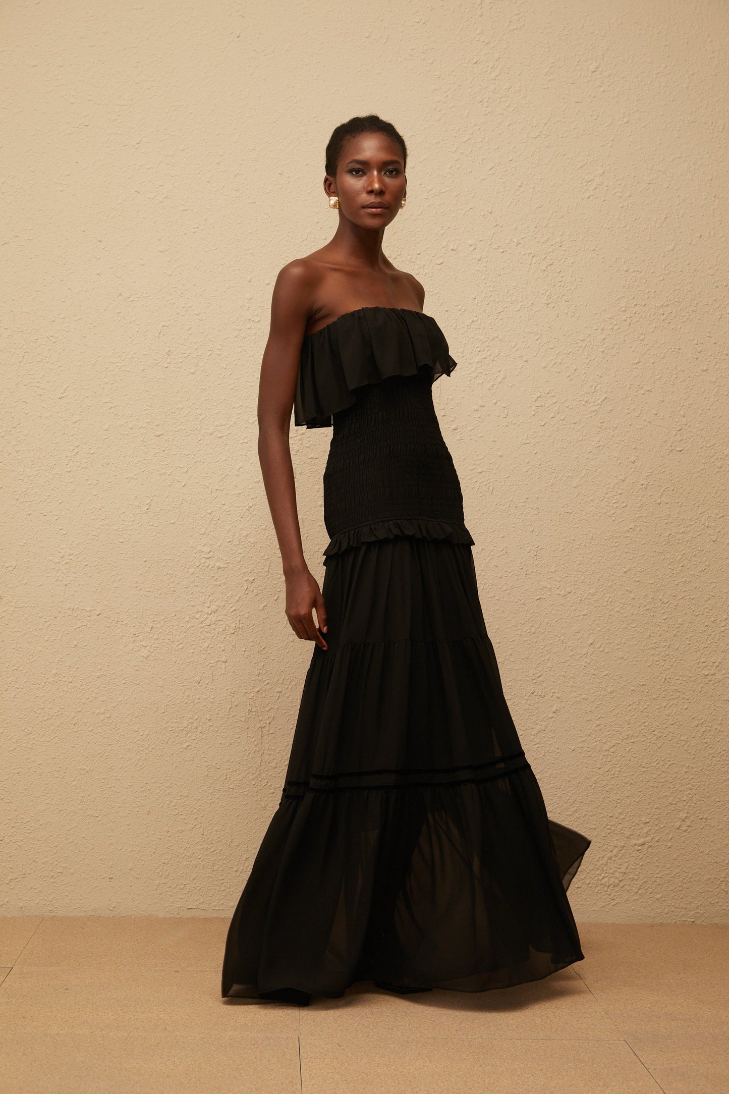 Karoliina Black OffShoulder Smocked Panel Maxi Dress