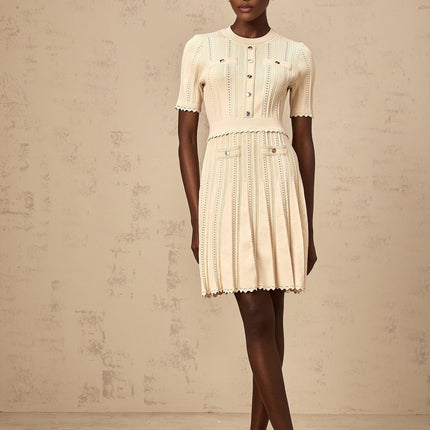 Katherine Neutrals Mini Dress Round Neck Short Sleeve Cinched Waist Pleated Details Gold-tone Buttons Faux Pocket Thigh Length