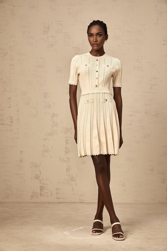 Katherine Neutrals Mini Dress Round Neck Short Sleeve Cinched Waist Pleated Details Gold-tone Buttons Faux Pocket Thigh Length