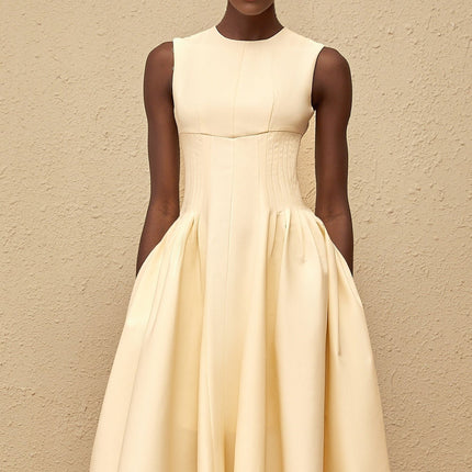 Katherine Neutrals Midi Dress Sleeveless Round Neck Fitted Waistline Shirred Panel Voluminous Skirt Rear Zip Fastening Luxury Versatile Fashion Forward