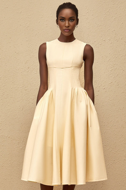 Katherine Neutrals Midi Dress Sleeveless Round Neck Fitted Waistline Shirred Panel Voluminous Skirt Rear Zip Fastening Luxury Versatile Fashion Forward