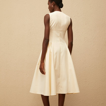 Katherine Neutrals Midi Dress with Shirred Panel and Rear Zip Fastening