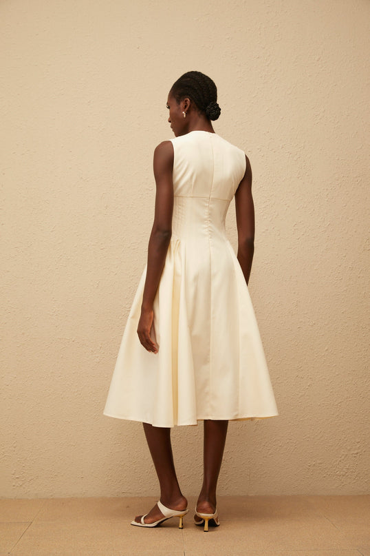 Katherine Neutrals Midi Dress with Shirred Panel and Rear Zip Fastening