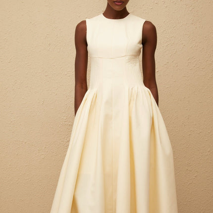 Katherine Neutrals Midi Dress with Shirred Panel and Voluminous Skirt