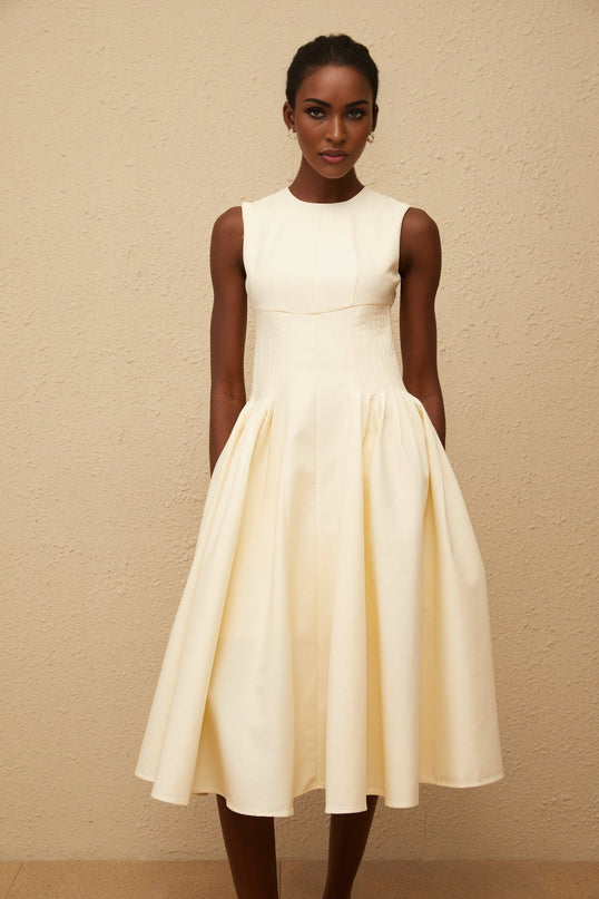 Katherine Neutrals Midi Dress with Shirred Panel and Voluminous Skirt