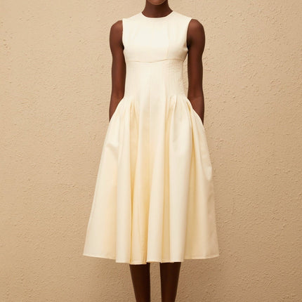Katherine Neutrals Midi Dress Elegant Design Sleeveless Round Neck Fitted Waistline Shirred Panel Voluminous Skirt Rear Zip Fastening Luxury Versatile Fashion