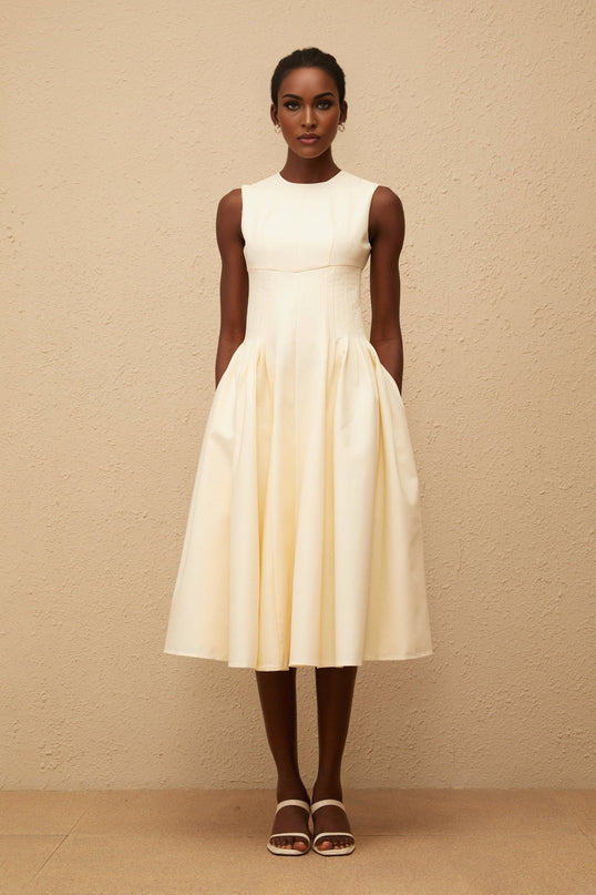 Katherine Neutrals Midi Dress Elegant Design Sleeveless Round Neck Fitted Waistline Shirred Panel Voluminous Skirt Rear Zip Fastening Luxury Versatile Fashion