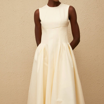 Katherine Neutrals Midi Dress with Shirred Panel and Voluminous Skirt