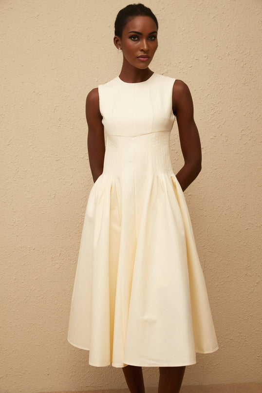 Katherine Neutrals Midi Dress with Shirred Panel and Voluminous Skirt