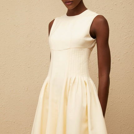 Katherine Neutrals Midi Dress with Shirred Panel and Rear Zip Fastening