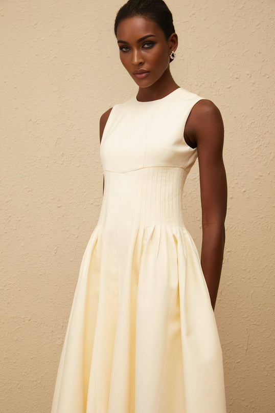 Katherine Neutrals Midi Dress with Shirred Panel and Rear Zip Fastening