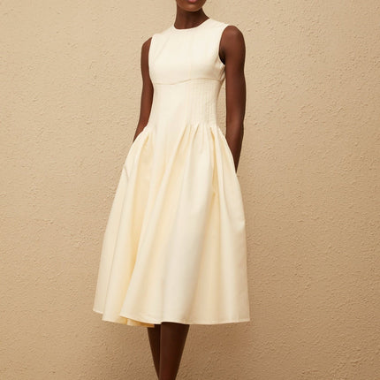 Katherine Neutrals Midi Dress elegant design round neck fitted waistline shirred panel voluminous skirt rear zip fastening luxury versatility fashion-forward wardrobe