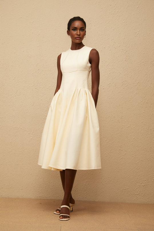Katherine Neutrals Midi Dress elegant design round neck fitted waistline shirred panel voluminous skirt rear zip fastening luxury versatility fashion-forward wardrobe